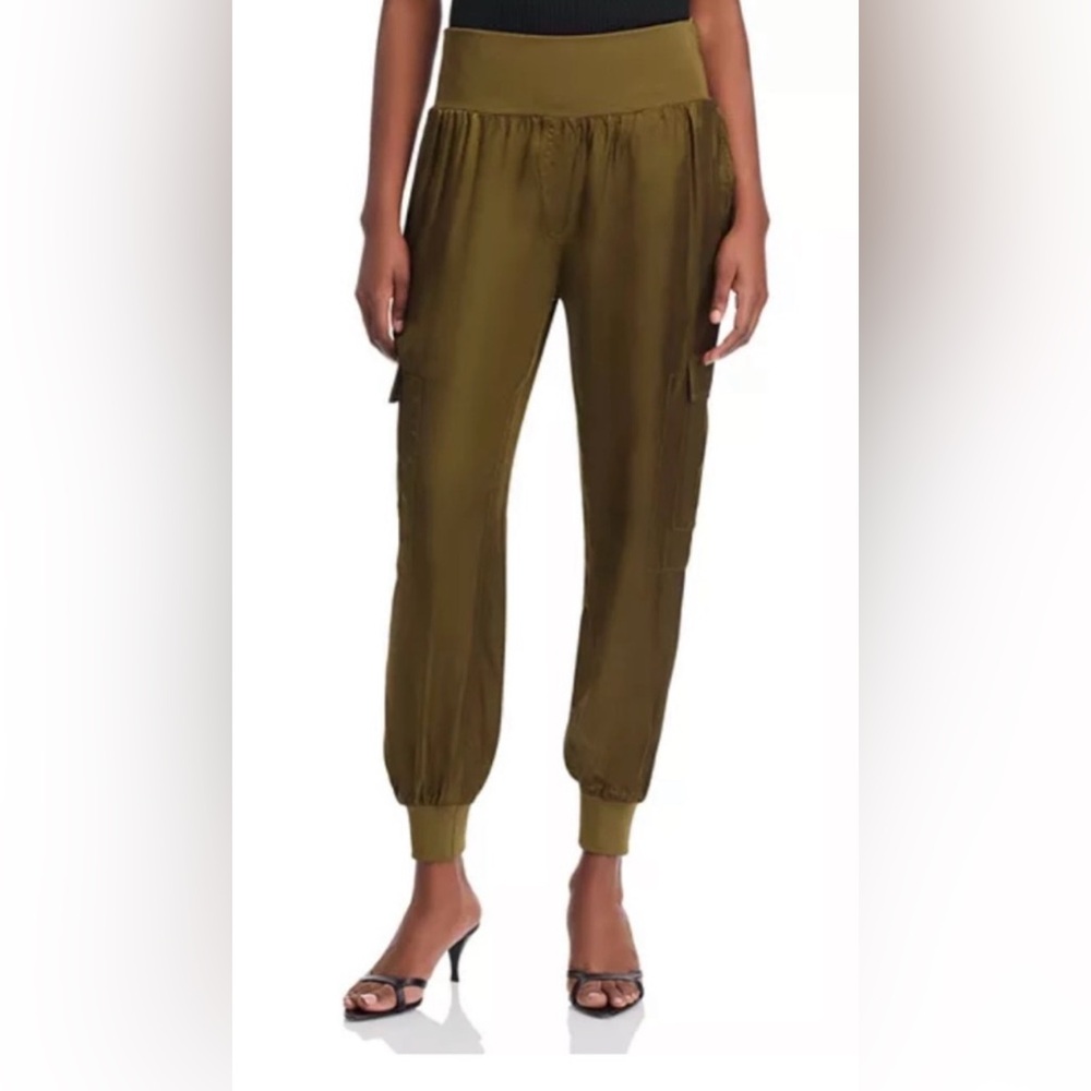 Cinq a Sept Giles Satin Cargo Jogger Pants in Dark Olive Size Medium